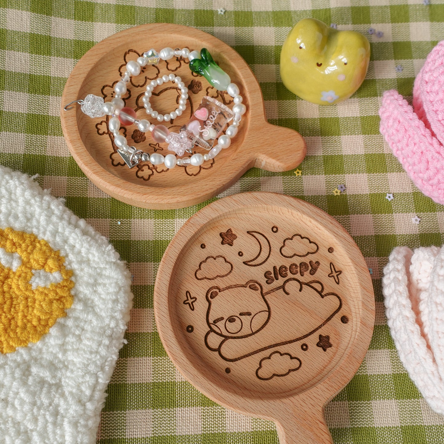 Sleepy Bear Wooden Coaster (with handle)