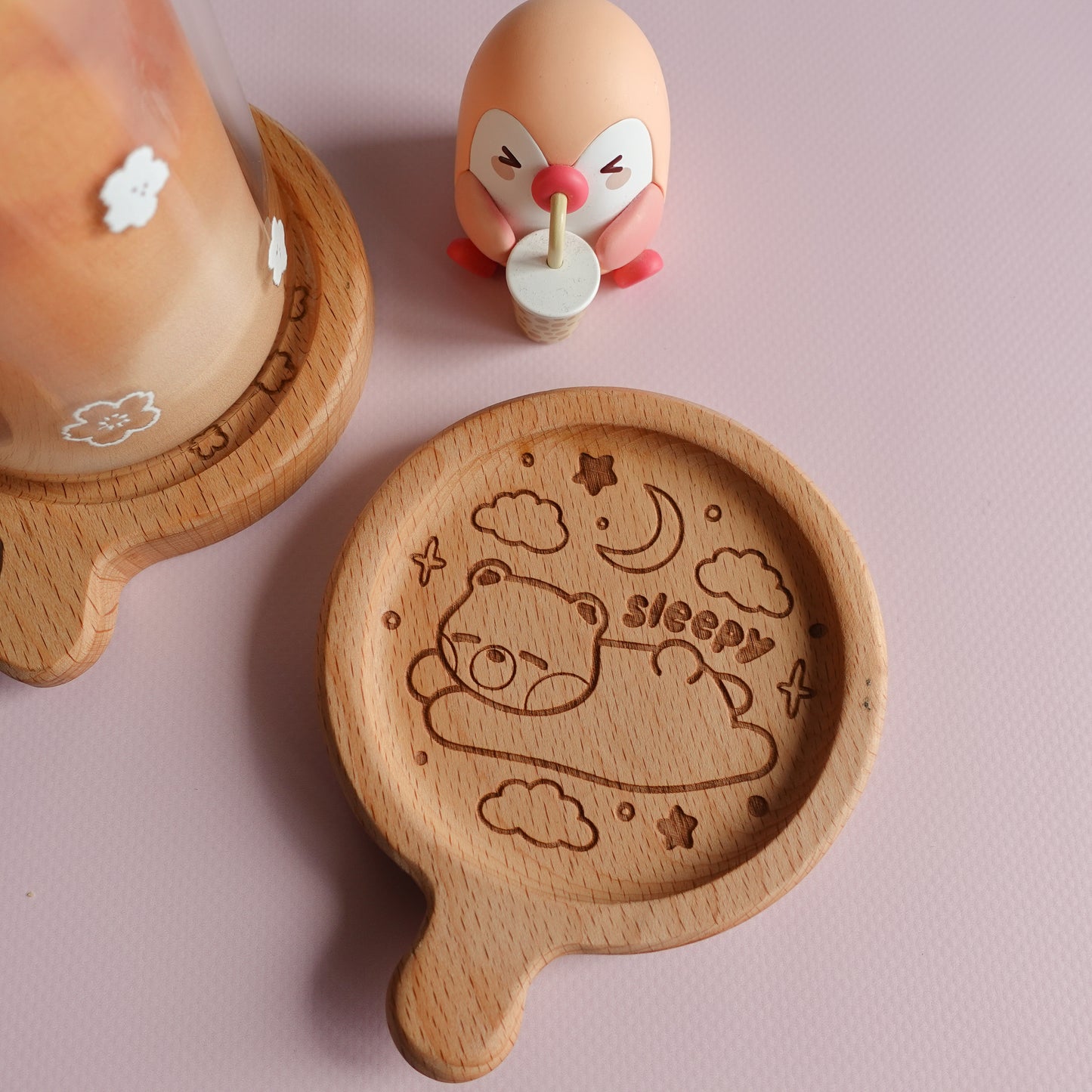 Sleepy Bear Wooden Coaster (with handle)