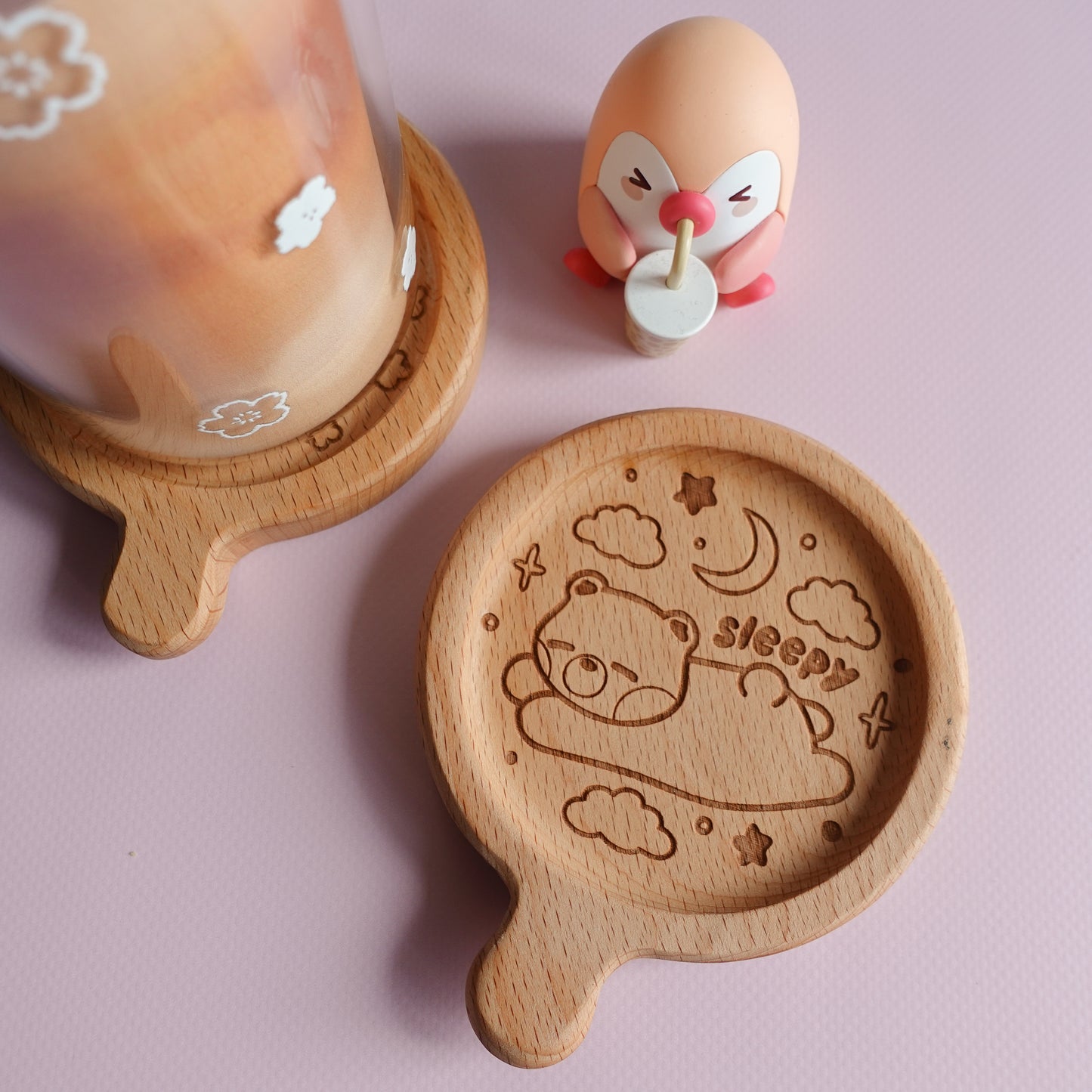 Sleepy Bear Wooden Coaster (with handle)