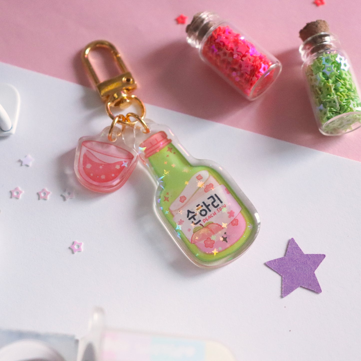 Soju and Shot Glass Holographic Keychain