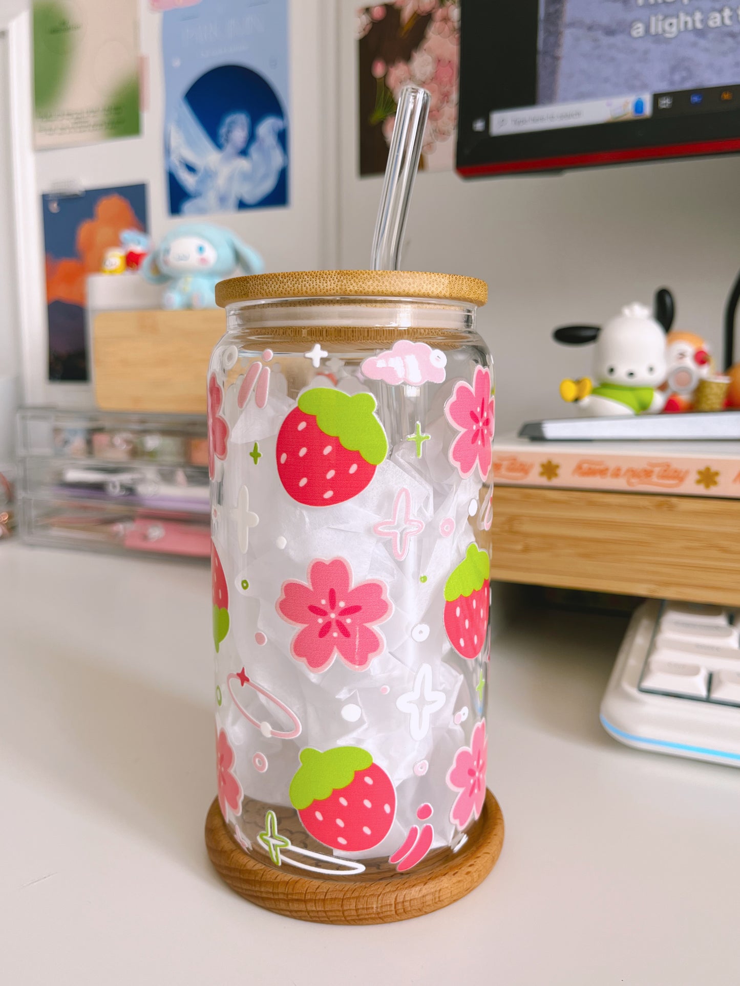 Strawberry and Sakura Clear Glass Tumbler