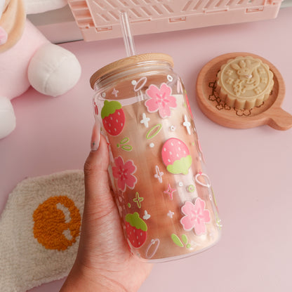 Strawberry and Sakura Clear Glass Tumbler