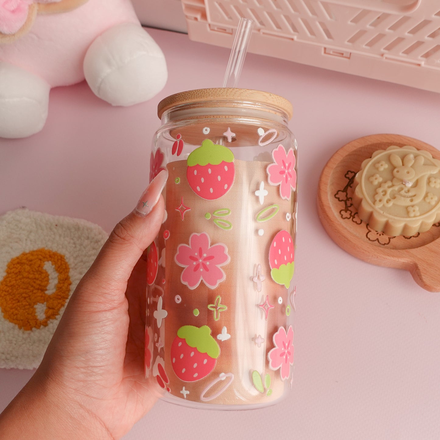 Strawberry and Sakura Clear Glass Tumbler