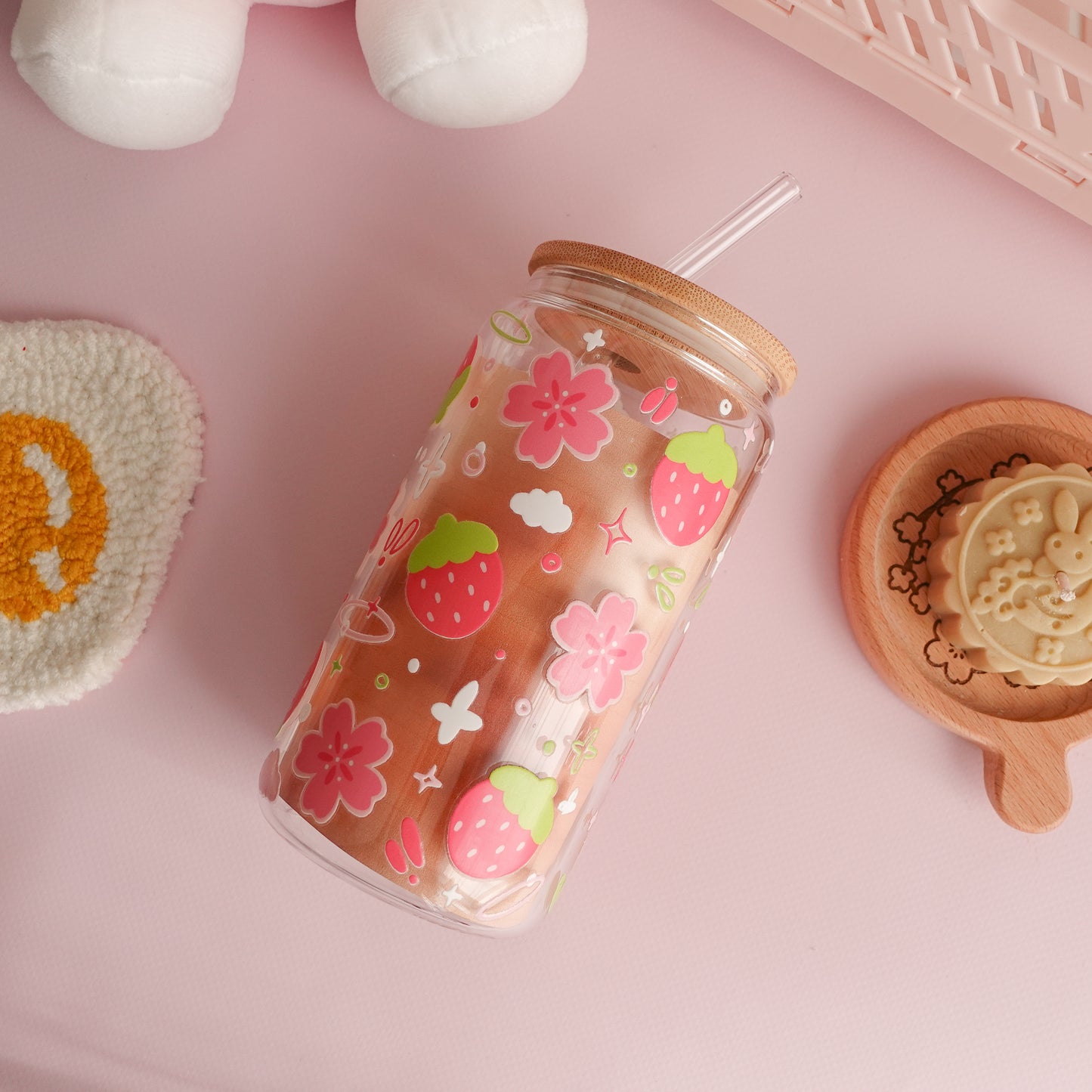 Strawberry and Sakura Clear Glass Tumbler