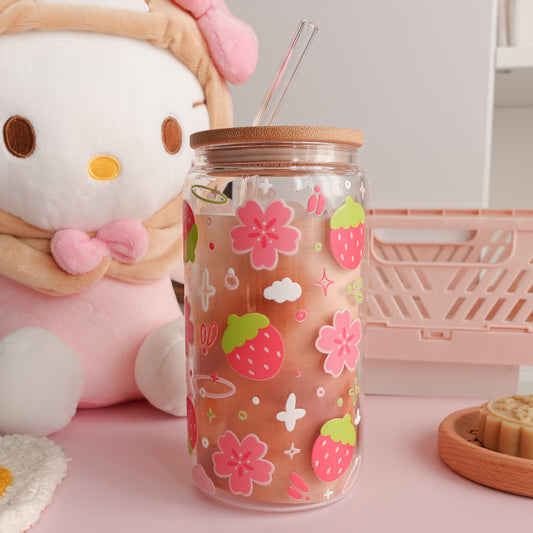 Strawberry and Sakura Clear Glass Tumbler