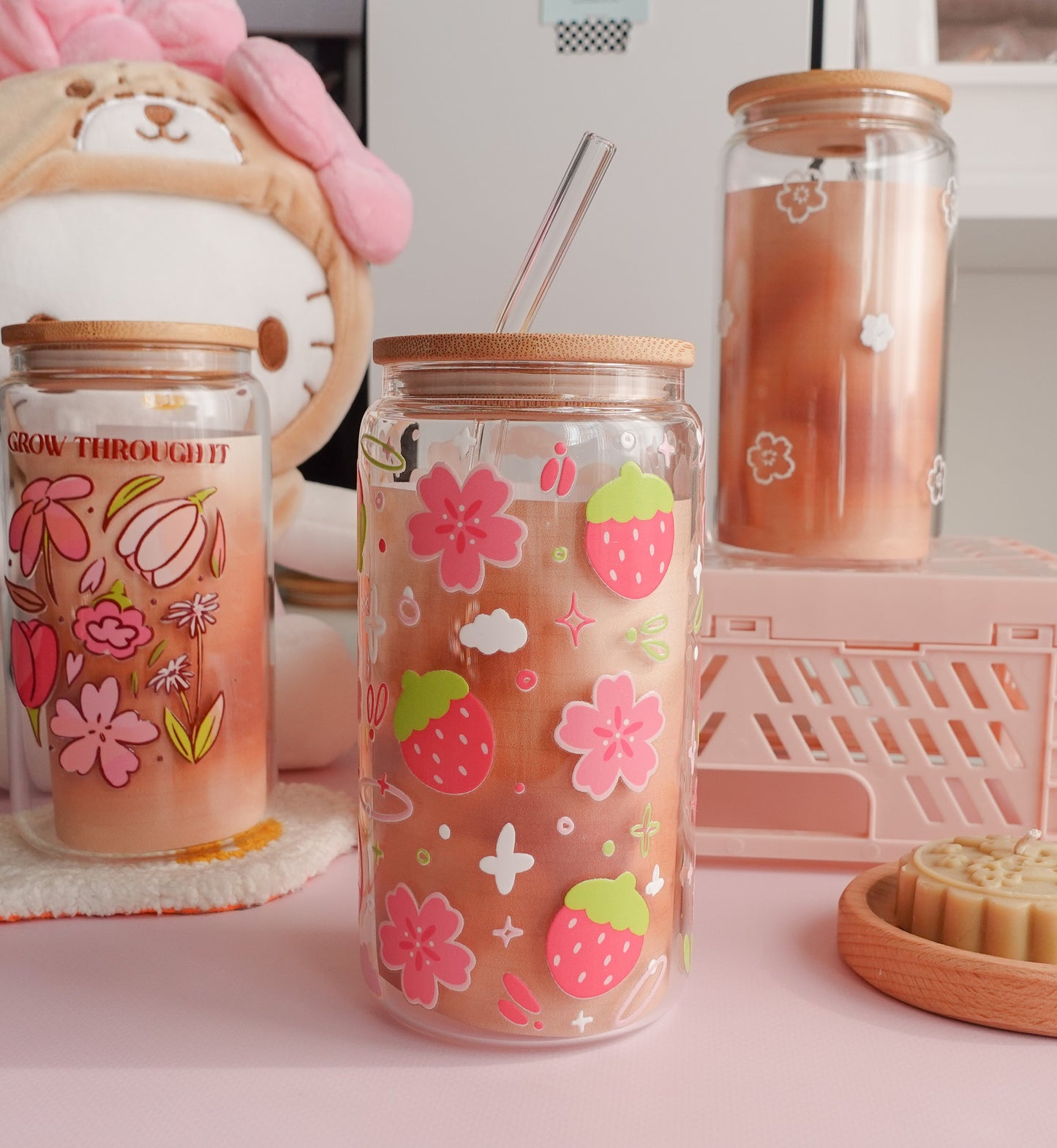 Strawberry and Sakura Clear Glass Tumbler