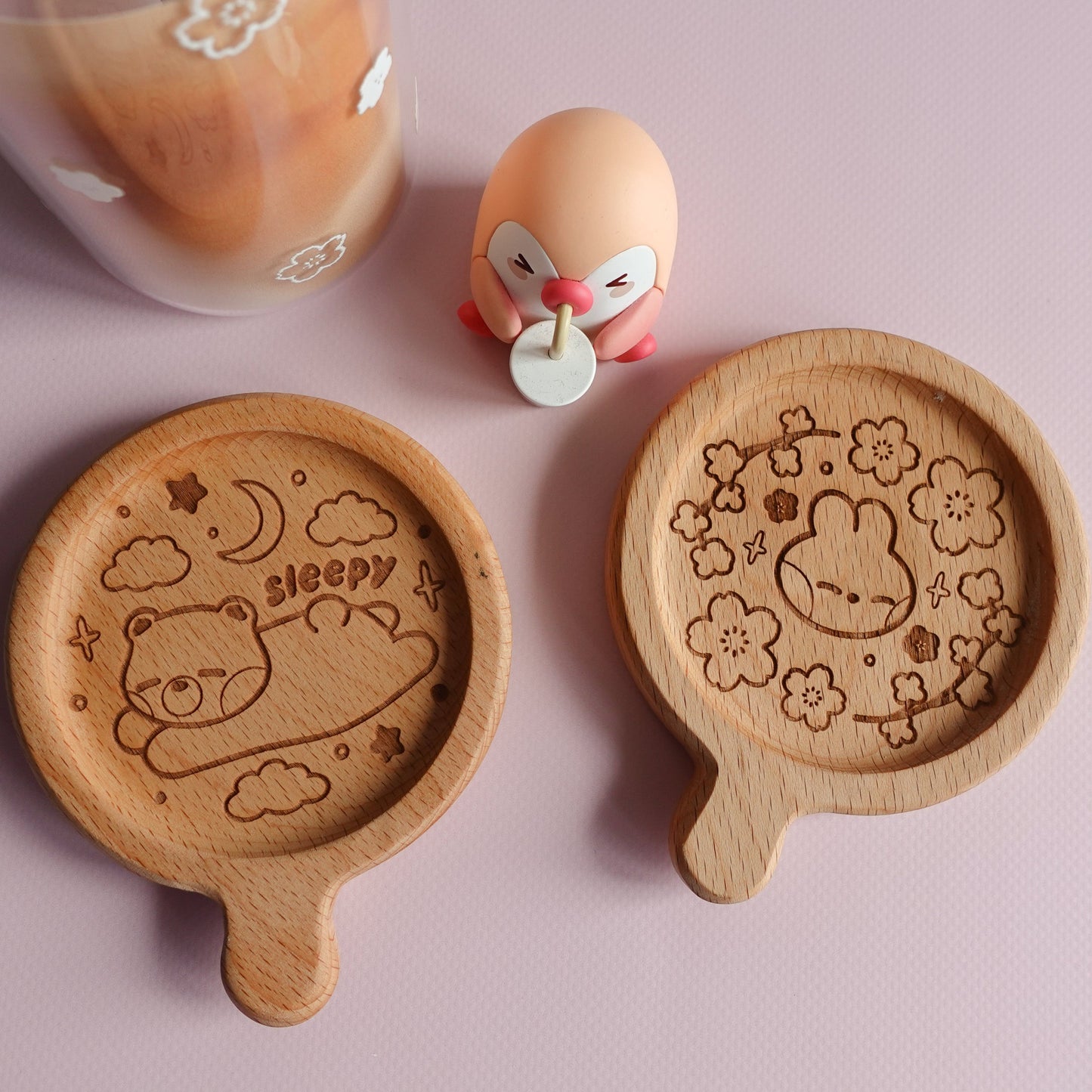 Sakura Bunny Wooden Coaster (with handle)