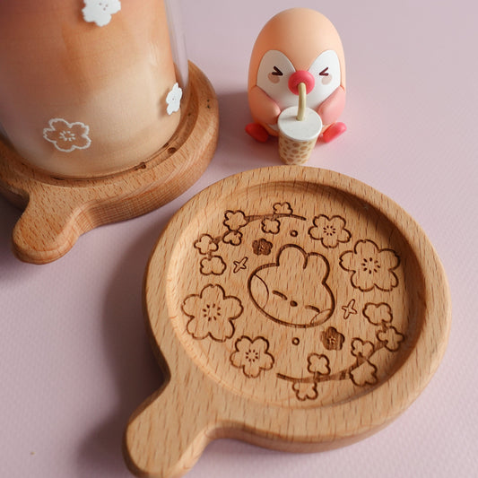 Sakura Bunny Wooden Coaster (with handle)